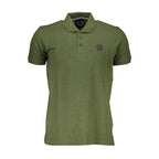 Gianmarco Venturi Verde cotton men's polo shirt displayed on a hanger, showcasing its classic collar and short sleeves.