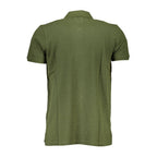 Gianmarco Venturi Verde cotton men's polo shirt displayed on a hanger, featuring a classic collar and short sleeves.