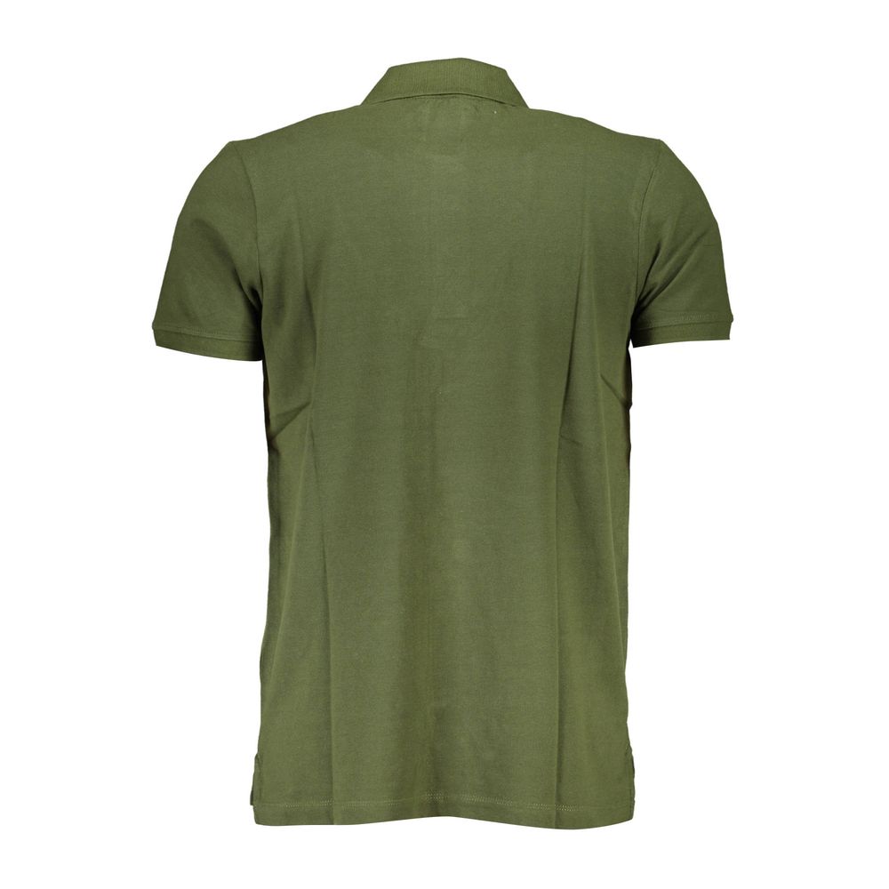 Gianmarco Venturi Verde cotton men's polo shirt displayed on a hanger, featuring a classic collar and short sleeves.