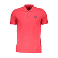 Red cotton men's polo shirt by Gianmarco Venturi, featuring a classic collar and short sleeves, displayed on a hanger.