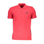 Red cotton men's polo shirt by Gianmarco Venturi, featuring a classic collar and short sleeves, displayed on a hanger.