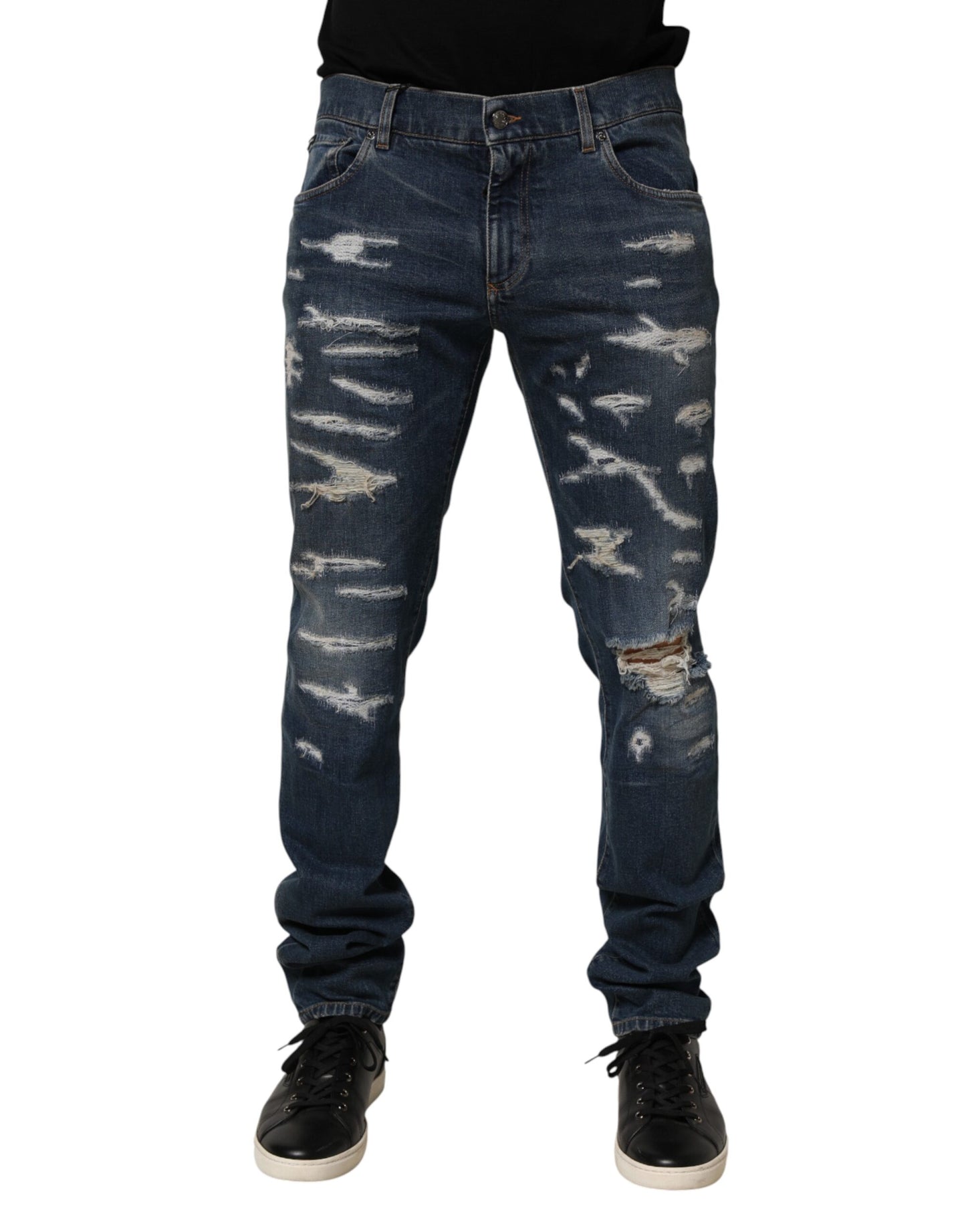 Dolce & Gabbana Blue Tattered Cotton Skinny Men Denim Jeans