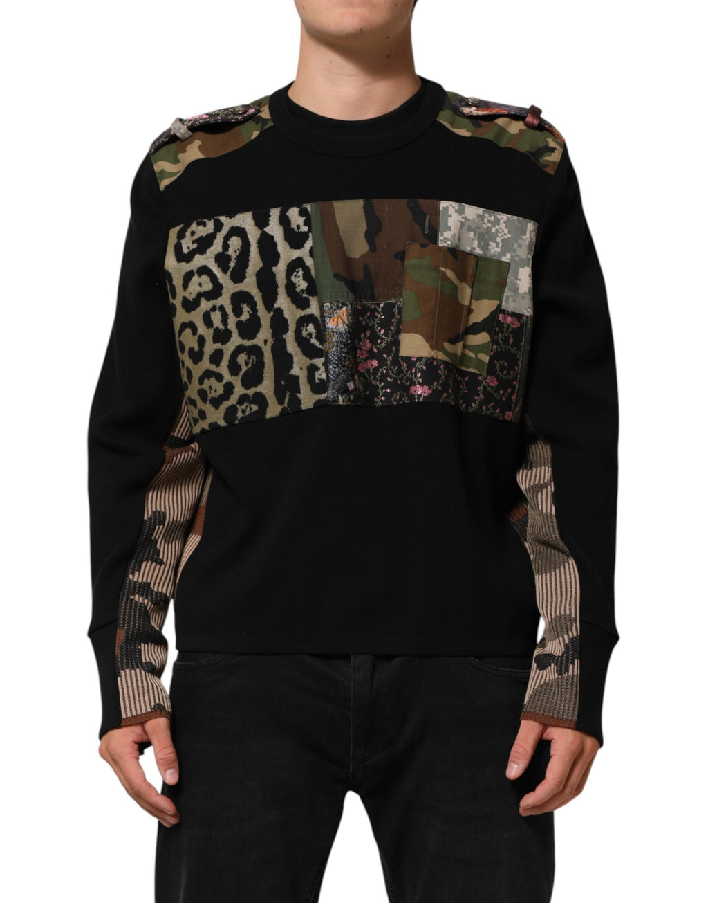 Dolce & Gabbana Black Patchwork Crew Neck Pullover Sweater - Eljoys Fashion 