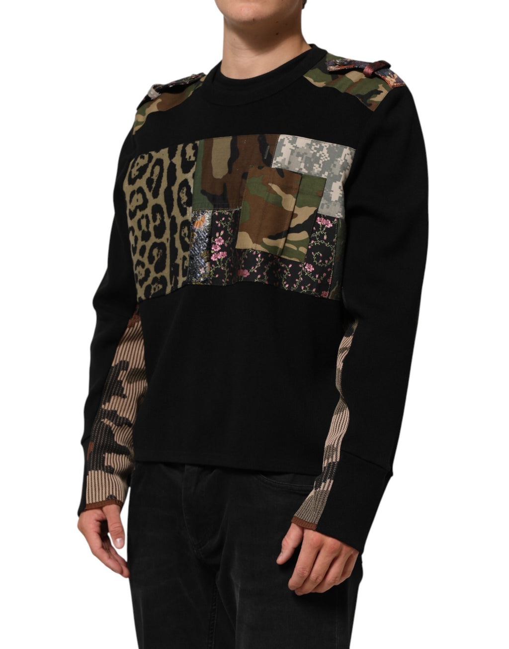 Dolce & Gabbana Black Patchwork Crew Neck Pullover Sweater - Eljoys Fashion 