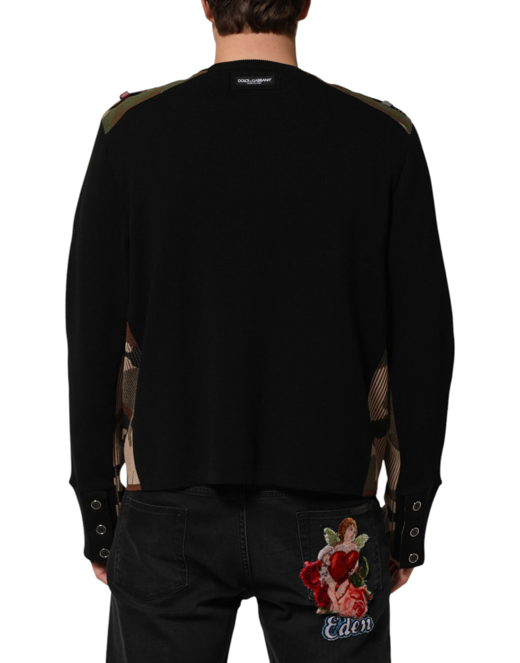 Dolce & Gabbana Black Patchwork Crew Neck Pullover Sweater - Eljoys Fashion 