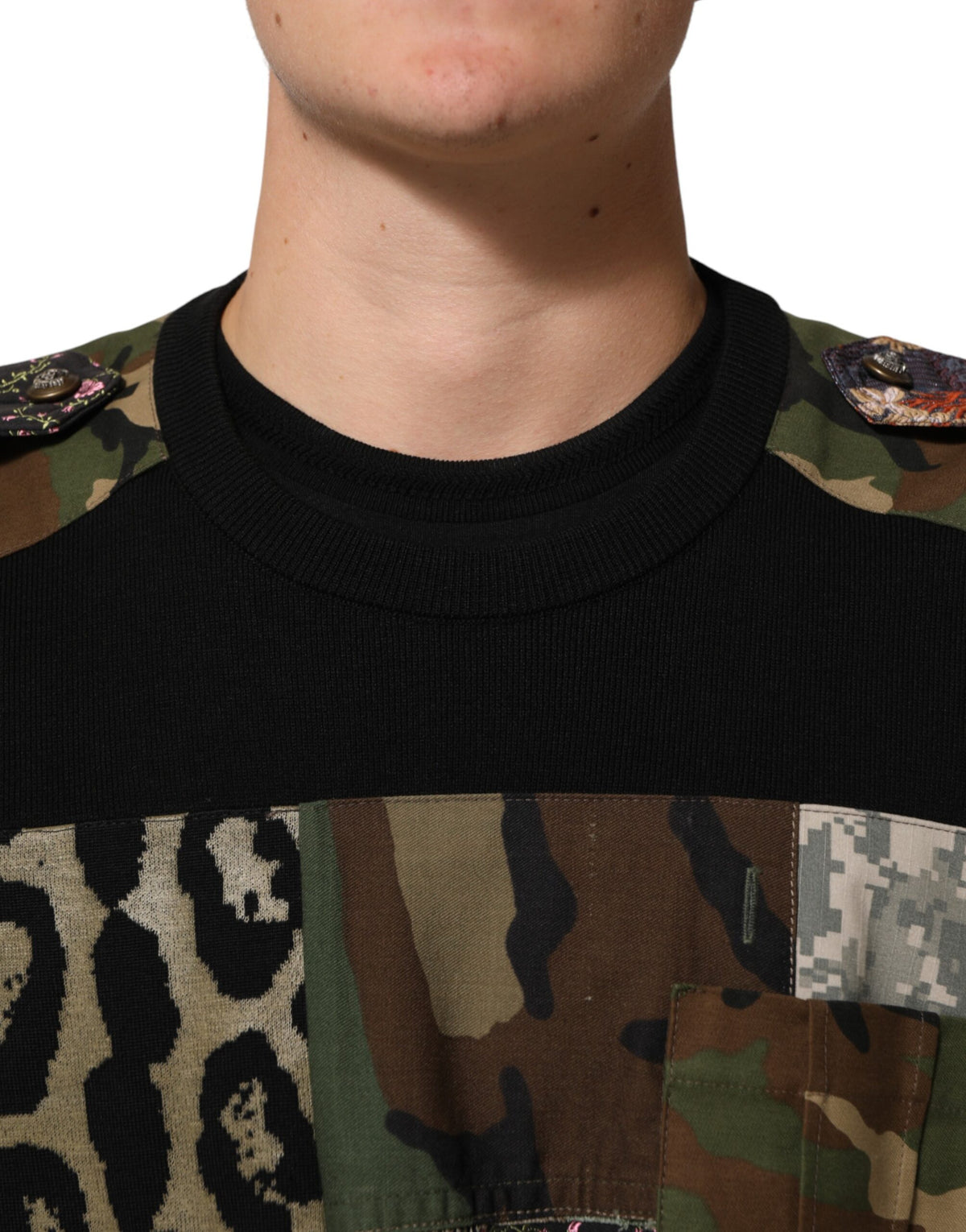 Dolce & Gabbana Black Patchwork Crew Neck Pullover Sweater - Eljoys Fashion 