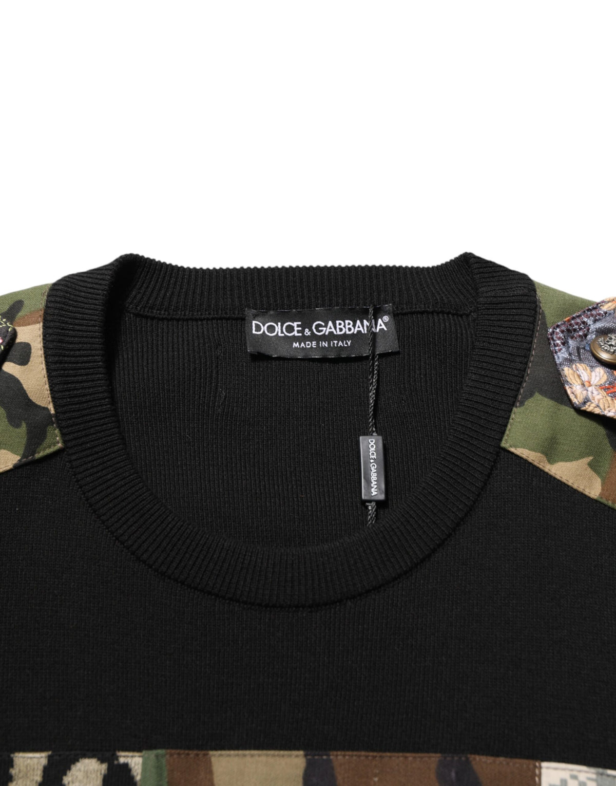 Dolce & Gabbana Black Patchwork Crew Neck Pullover Sweater - Eljoys Fashion 