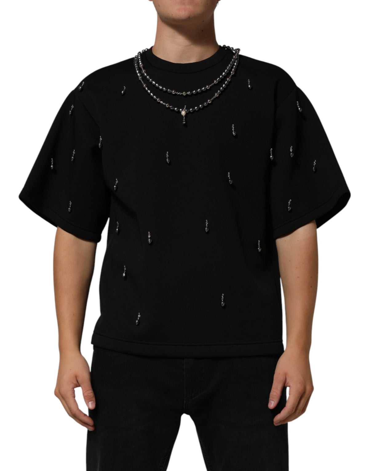 Dolce & Gabbana Black Polyester Necklace Embellished T-shirt - Eljoys Fashion 