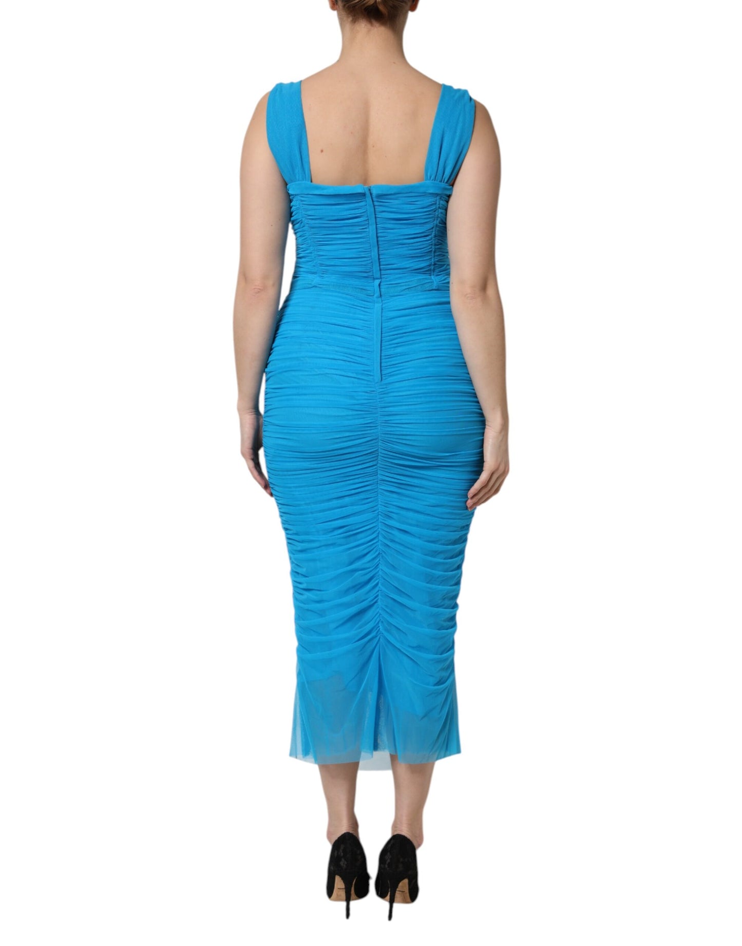 Dolce & Gabbana Blue Mesh Trim Ruched Tulle Sheath Dress Dolce & Gabbana