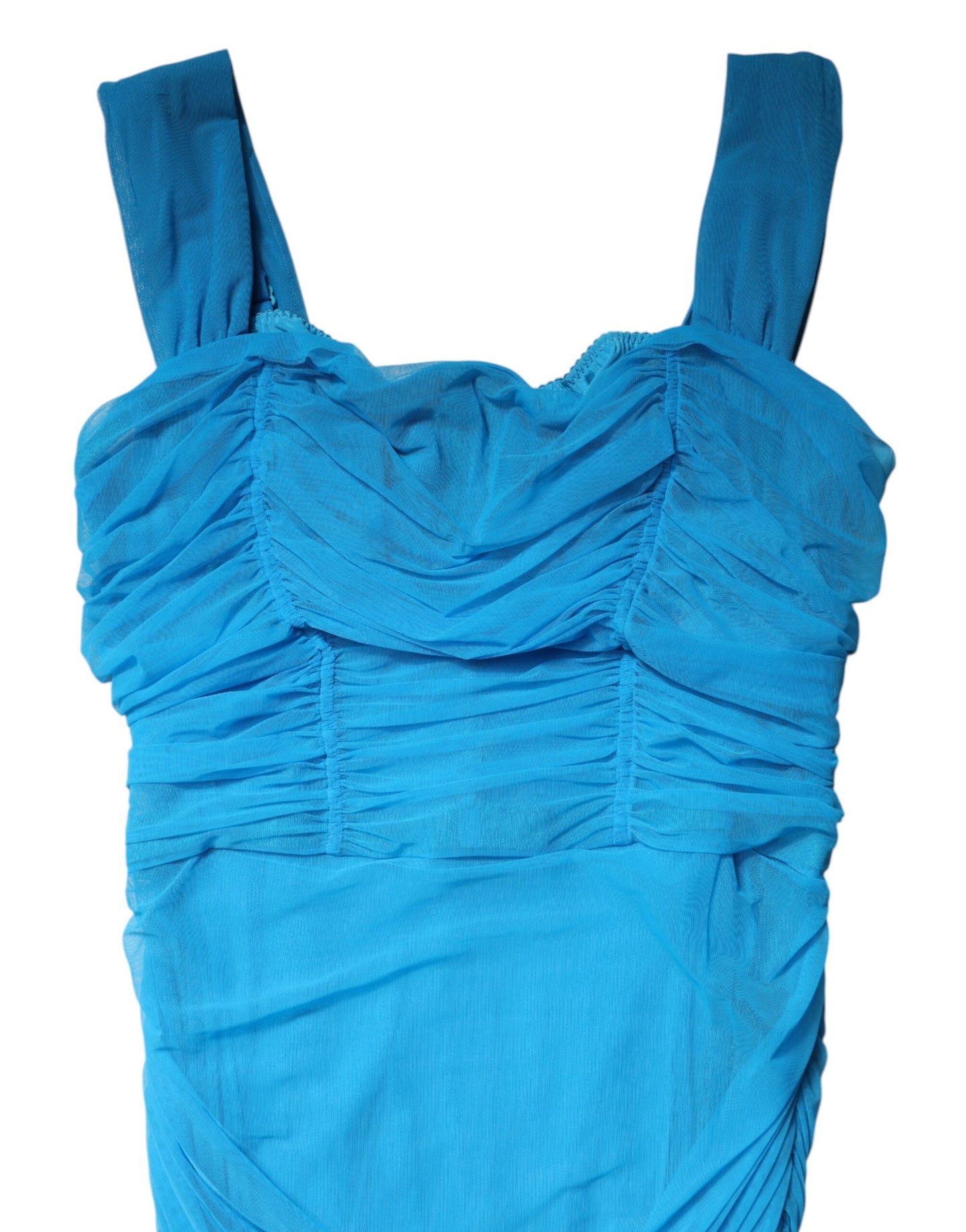 Dolce & Gabbana Blue Mesh Trim Ruched Tulle Sheath Dress Dolce & Gabbana
