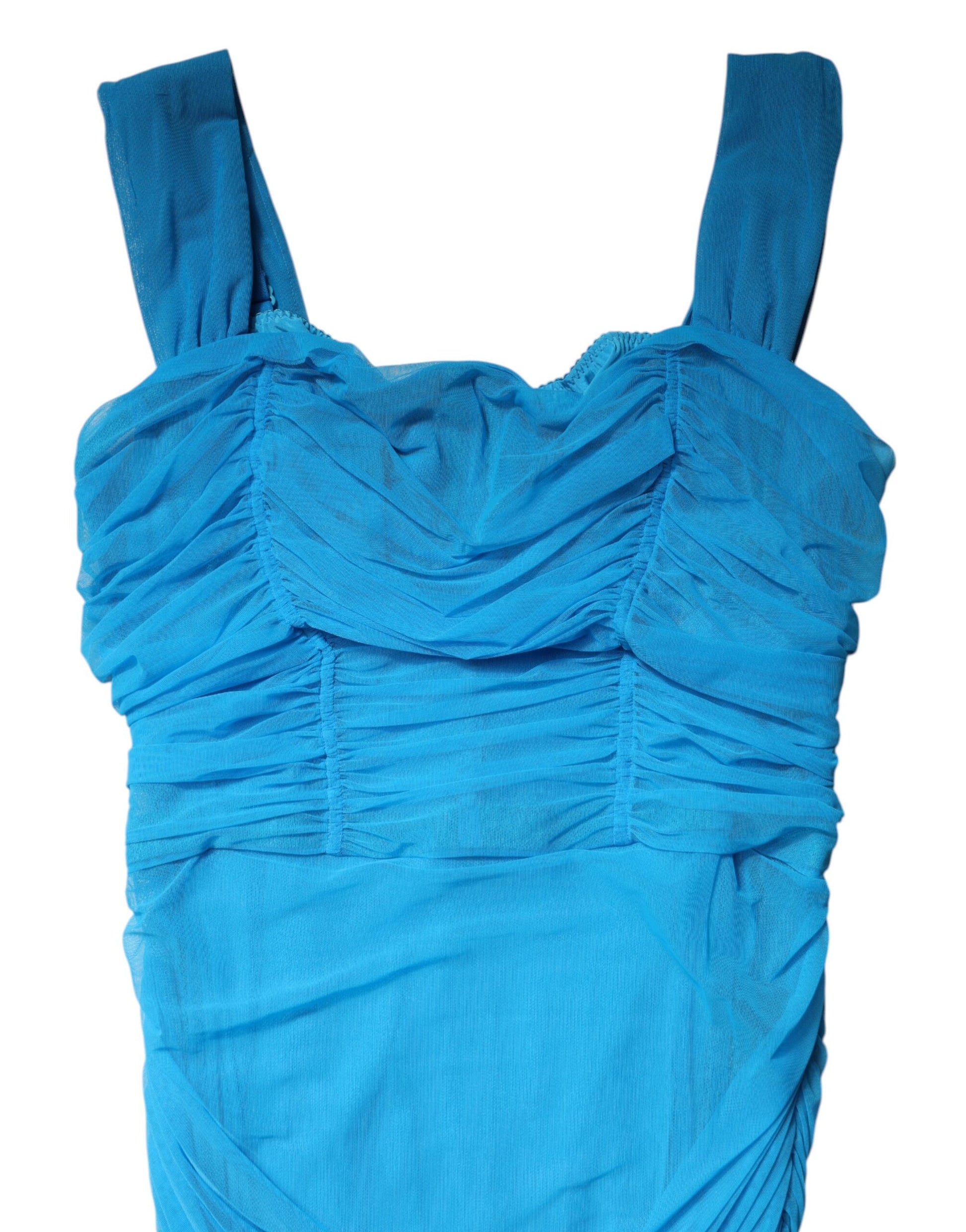 Dolce & Gabbana Blue Mesh Trim Ruched Tulle Sheath Dress Dolce & Gabbana