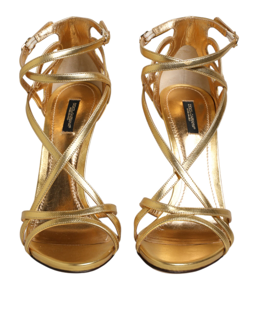 Dolce & Gabbana Gold Leather Keira Heels sandals with open toes and ankle straps on a white background.