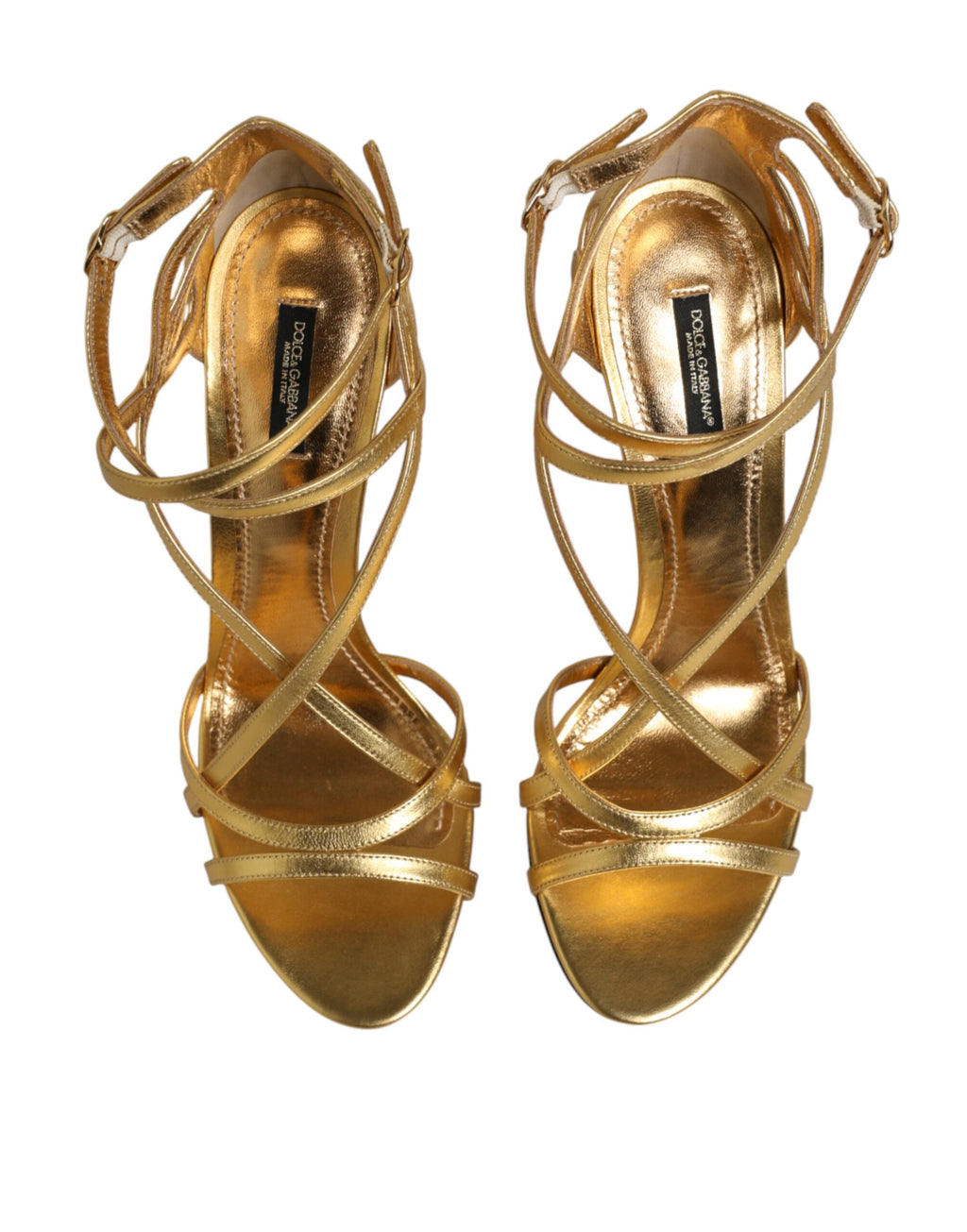 Dolce & Gabbana gold leather Keira heels sandals with open toe and ankle strap, stylish women's footwear.