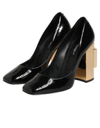 Dolce & Gabbana Black Gold Patent Leather Logo Heels Pumps Shoes - Eljoys Fashion 