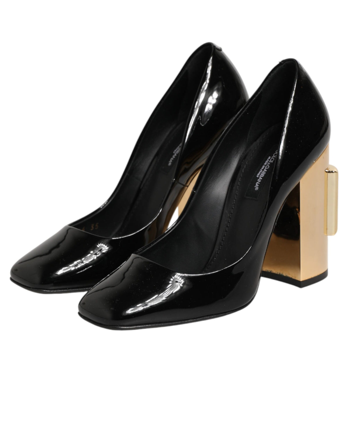 Dolce & Gabbana Black Gold Patent Leather Logo Heels Pumps Shoes - Eljoys Fashion 