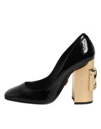 Dolce & Gabbana Black Gold Patent Leather Logo Heels Pumps Shoes - Eljoys Fashion 