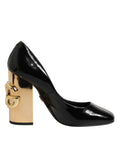 Dolce & Gabbana Black Gold Patent Leather Logo Heels Pumps Shoes - Eljoys Fashion 