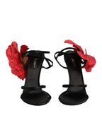 Dolce & Gabbana Black Leather Strappy Flower Heels Sandals Shoes Dolce & Gabbana