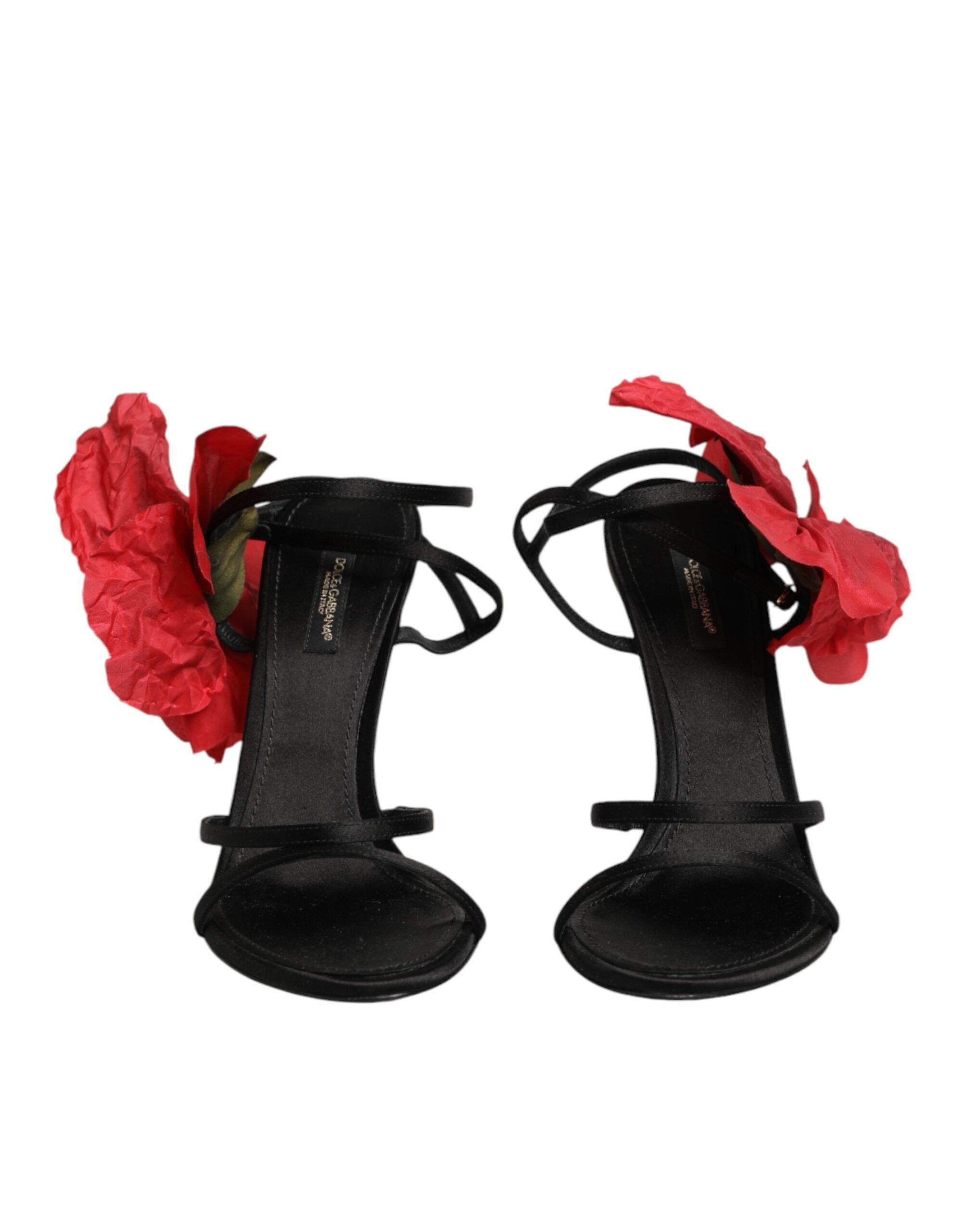 Dolce & Gabbana Black Leather Strappy Flower Heels Sandals Shoes Dolce & Gabbana
