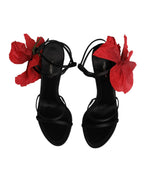 Dolce & Gabbana Black Leather Strappy Flower Heels Sandals Shoes Dolce & Gabbana