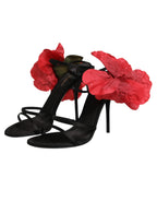 Dolce & Gabbana Black Leather Strappy Flower Heels Sandals Shoes Dolce & Gabbana