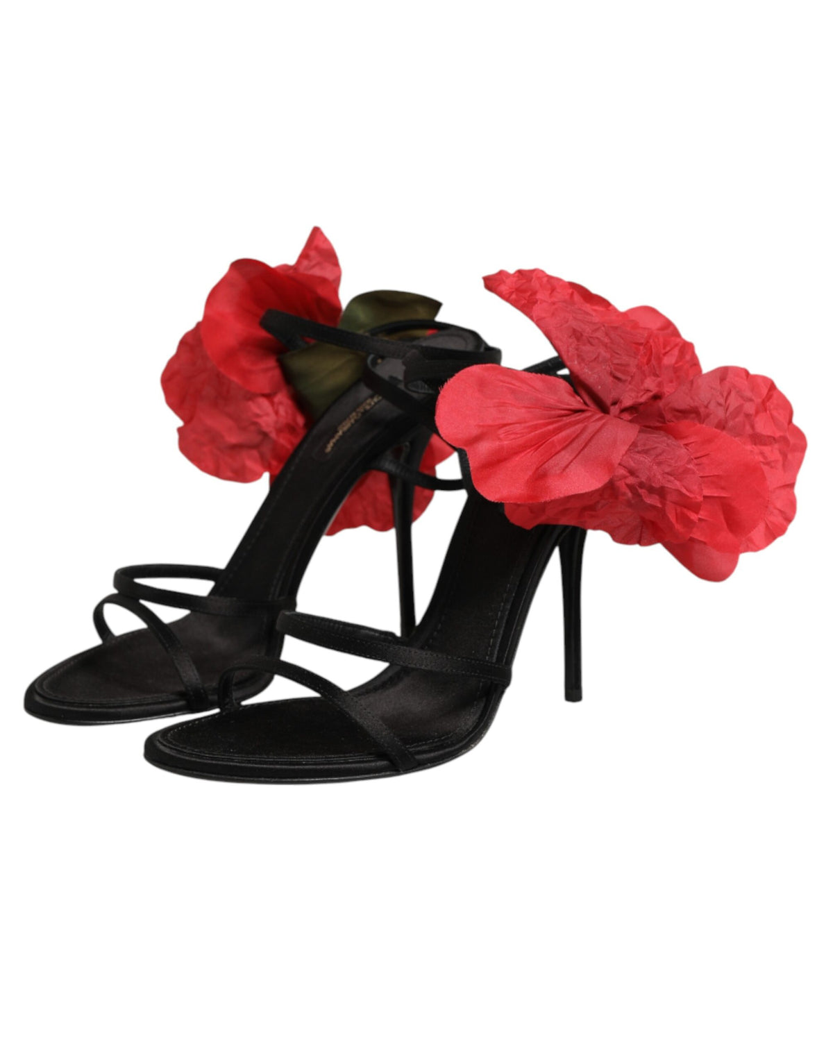 Dolce & Gabbana Black Leather Strappy Flower Heels Sandals Shoes Dolce & Gabbana