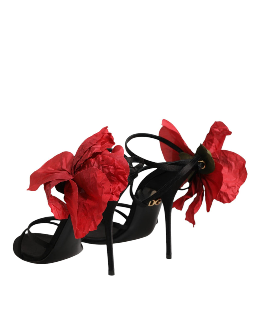 Dolce & Gabbana Black Leather Strappy Flower Heels Sandals Shoes Dolce & Gabbana