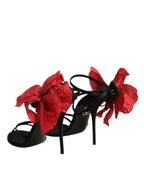 Dolce & Gabbana Black Leather Strappy Flower Heels Sandals Shoes Dolce & Gabbana