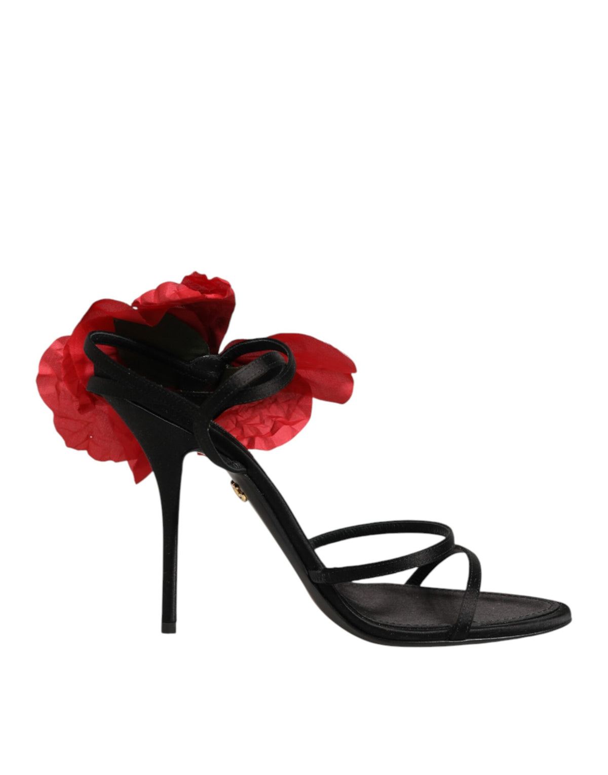 Dolce & Gabbana Black Leather Strappy Flower Heels Sandals Shoes Dolce & Gabbana