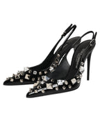 Dolce & Gabbana Black Studded Leather Heels Slingbacks Shoes - Eljoys Fashion 