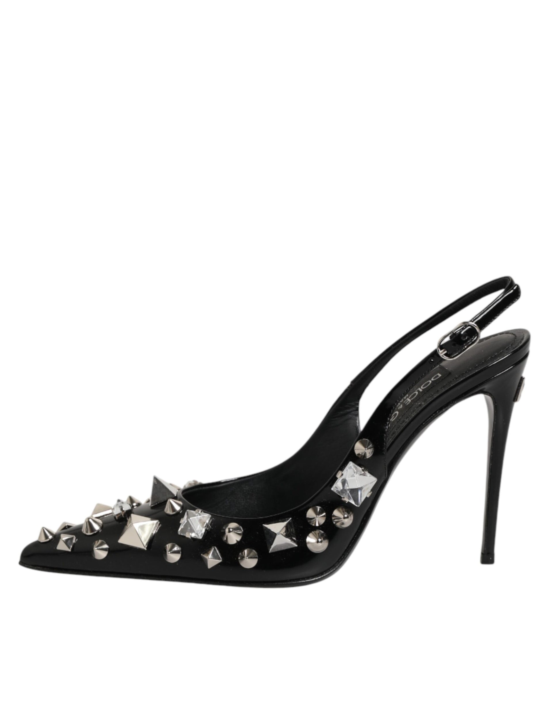 Dolce & Gabbana Black Studded Leather Heels Slingbacks Shoes