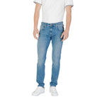 Replay blue cotton skinny jeans with a fitted design and classic five-pocket styling, displayed on a hanger.
