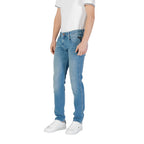 Replay blue cotton skinny jeans with classic five-pocket design and slim fit, shown on a model against a neutral background.