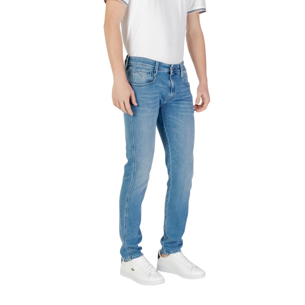 Replay blue cotton skinny jeans, close-up of fitted denim with front pockets and belt loops.