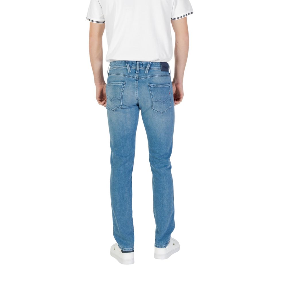 Replay blue cotton skinny jeans, shown on a model, with classic five-pocket design and slim fit silhouette.