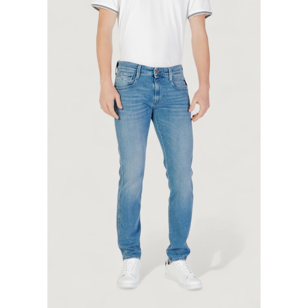 Pair of Replay blue cotton skinny jeans with classic five-pocket design and slim fit, displayed on a neutral background.
