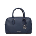 Michael Kors blue leather handbag with gold-tone hardware, featuring top handles and a structured design.