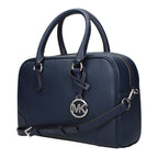 Michael Kors blue leather handbag with silver hardware and structured design, featuring top handles and a sleek finish.