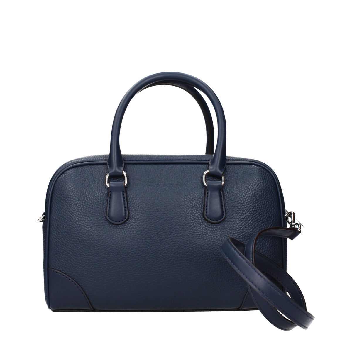 Michael Kors blue leather handbag with gold-tone hardware and shoulder strap, stylish accessory for women.