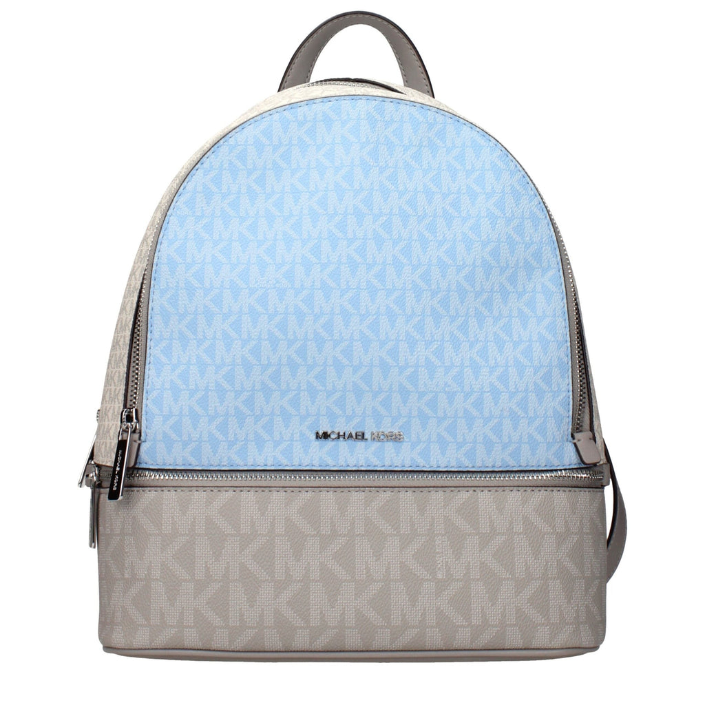 Michael Kors beige fabric backpack with adjustable straps and front pocket, stylish and functional accessory.