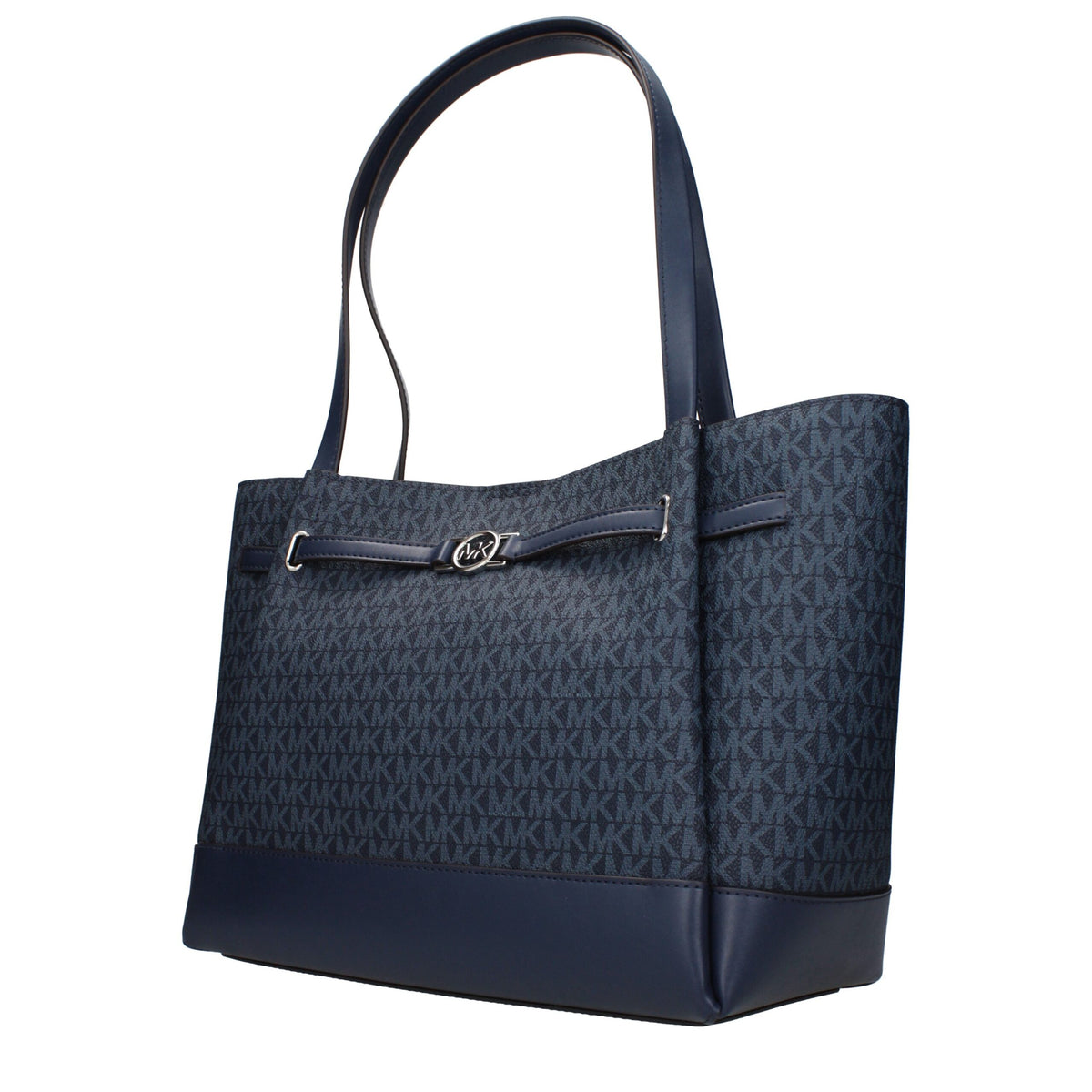 Michael Kors blue fabric shoulder bag with top handle, featuring sleek design and silver hardware.