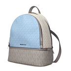 Michael Kors beige fabric backpack with adjustable straps and front zip pocket, stylish and functional for everyday use.