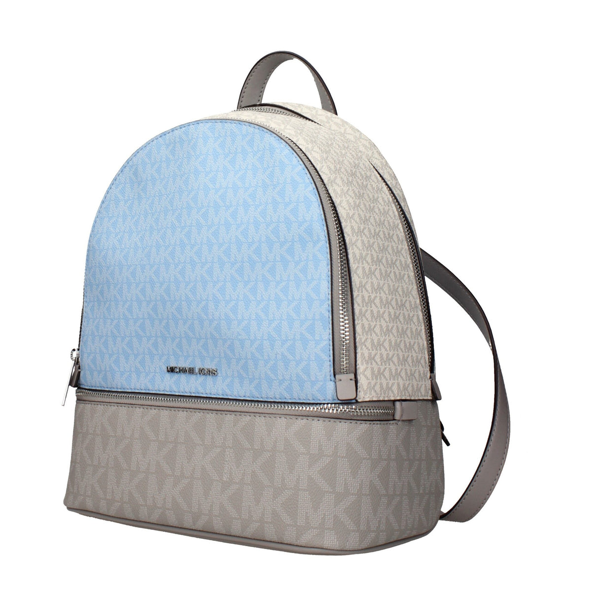 Michael Kors beige fabric backpack with adjustable straps and front zip pocket, stylish and functional for everyday use.