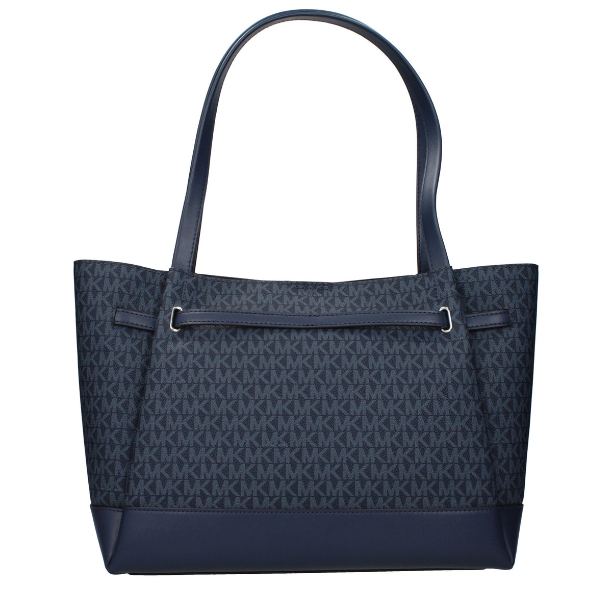Michael Kors blue fabric shoulder bag with adjustable strap and silver hardware, stylish and versatile accessory for everyday use.