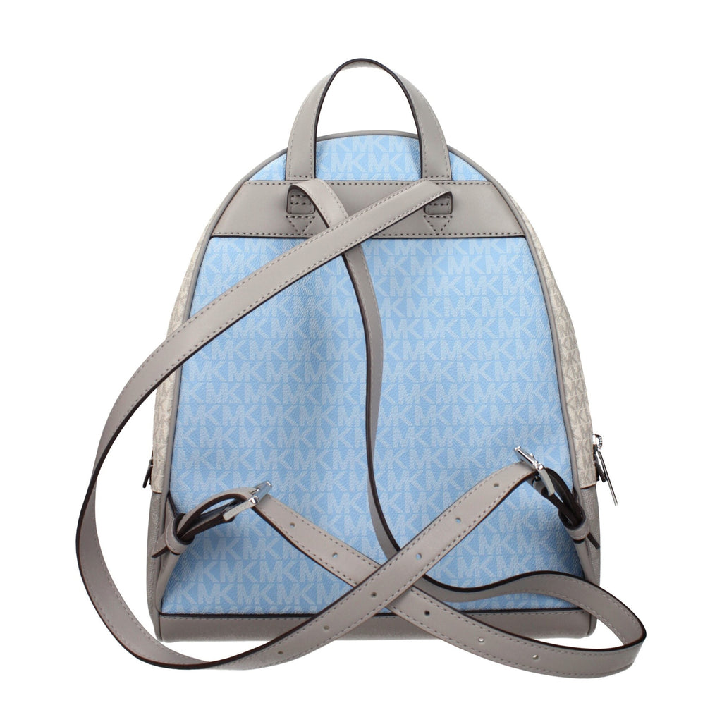Michael Kors beige fabric backpack with adjustable straps and front zipper pocket, stylish and functional accessory.