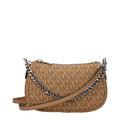 Michael Kors brown fabric handbag with top handles and gold-tone hardware, stylish and spacious for everyday use.