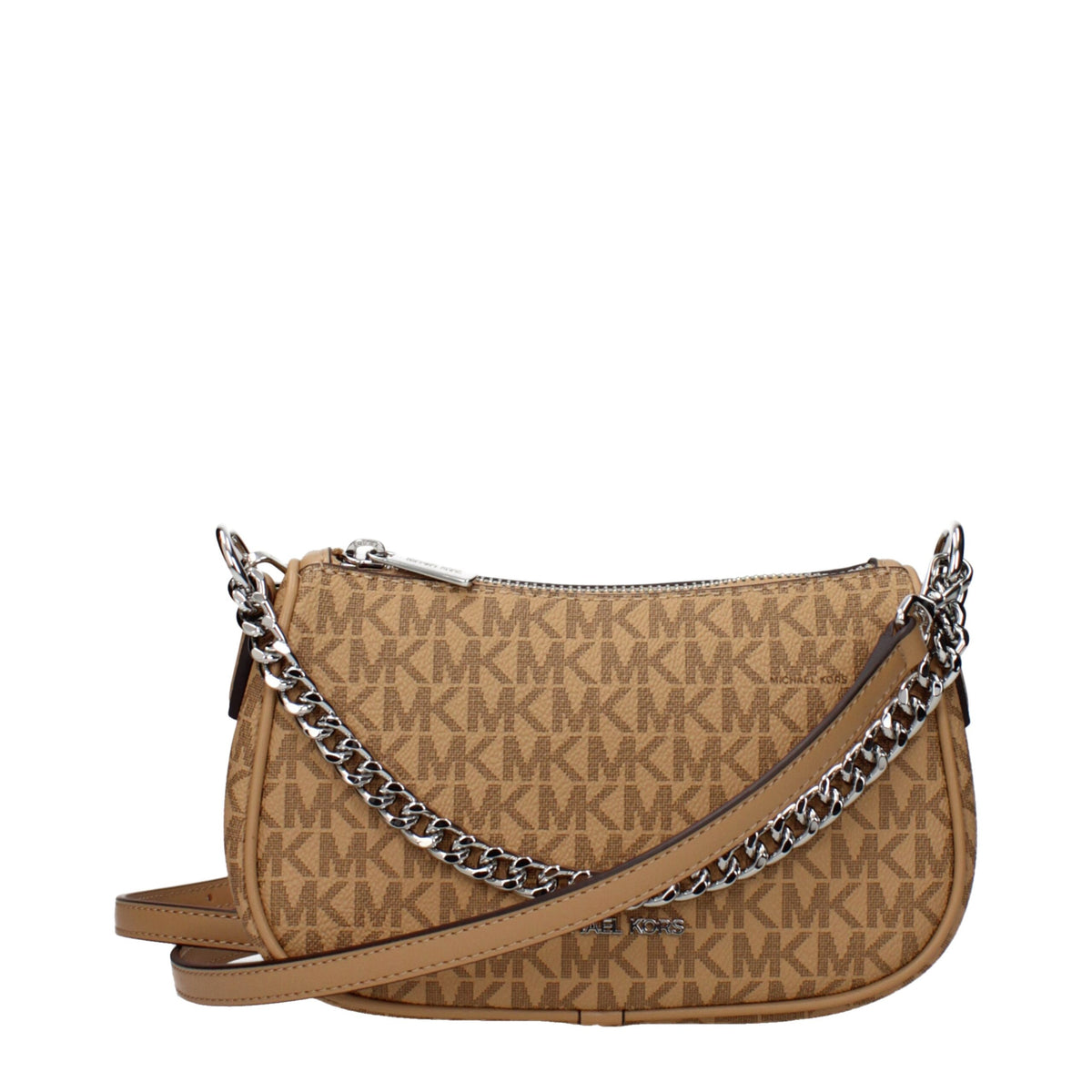 Michael Kors brown fabric handbag with top handles and gold-tone hardware, stylish and spacious for everyday use.