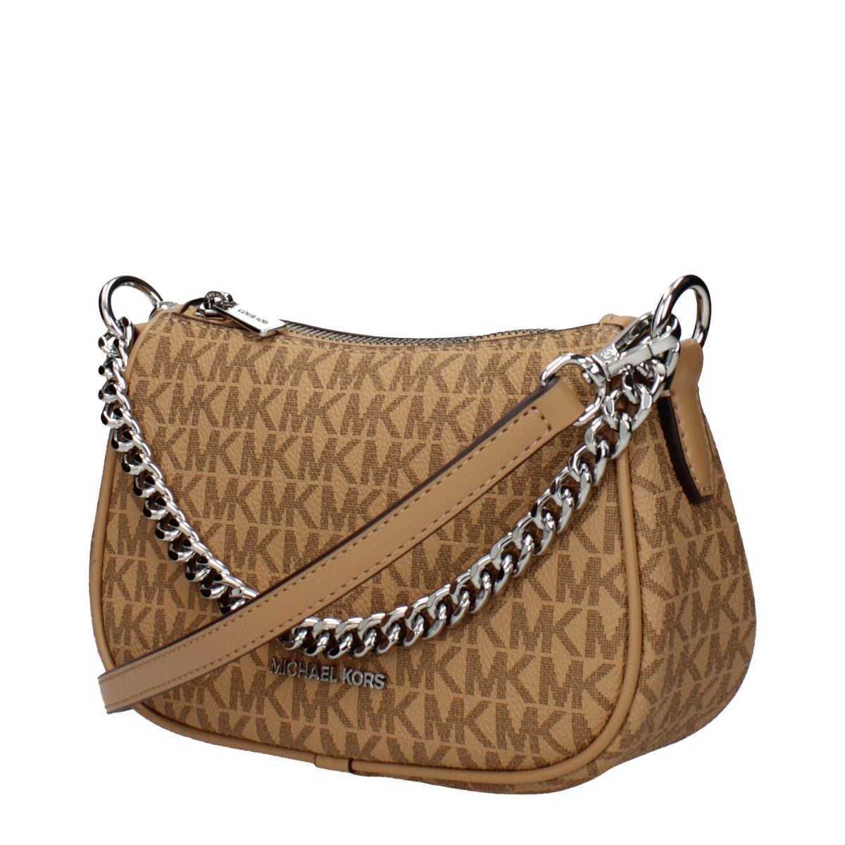 Michael Kors brown fabric handbag with top handles and gold-tone hardware, stylish accessory for everyday use