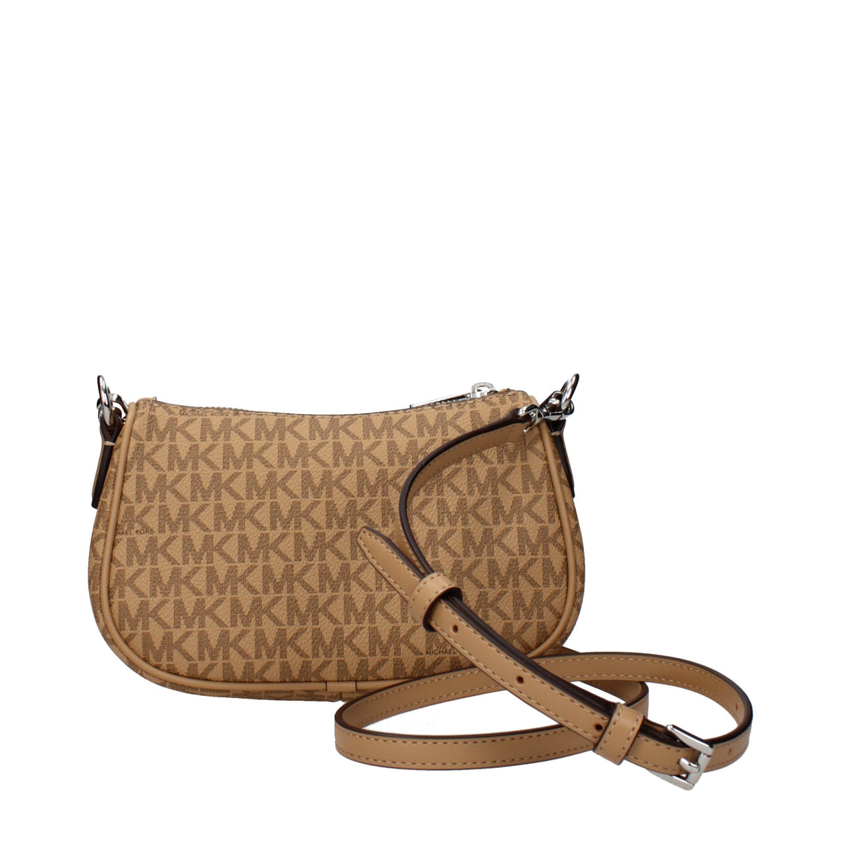 Michael Kors brown fabric handbag with structured design and top handles, stylish accessory for everyday use.