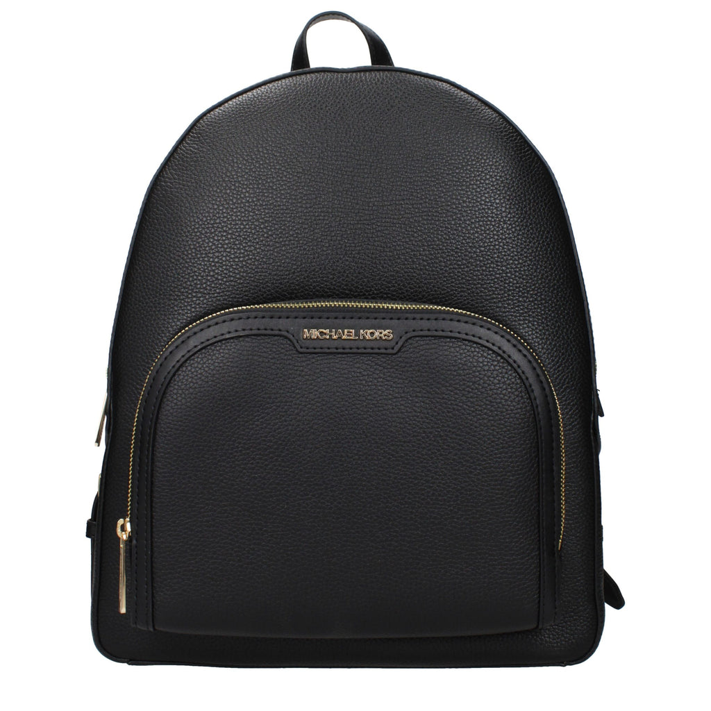 Black leather Michael Kors backpack with adjustable straps and silver hardware, featuring multiple compartments and stylish design.